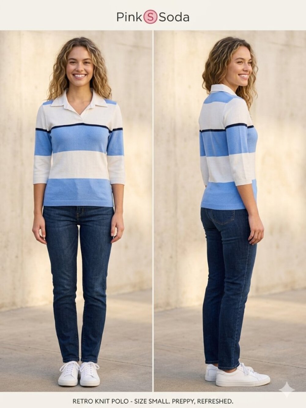 Pink Soda Retro Striped Knit Top Blue White Y2K Preppy Polo Collar 3/4 Sleeve